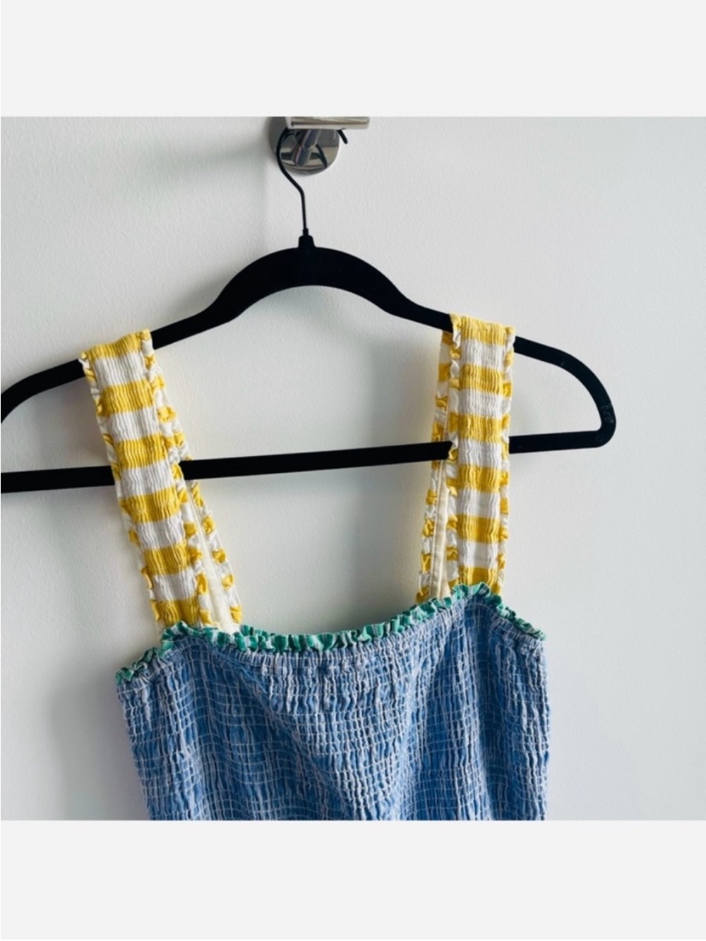 RHODE Ollie Yellow, Green Blue Stripe Smocked Midi Dress with Contrast Pockets - Picture 3 of 7